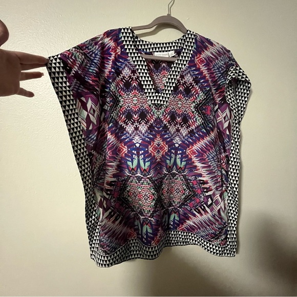 Bisou Bisou Multicolor Geometric Scarf Blouse Size Small Oversized Flowy Boho - Picture 4 of 6